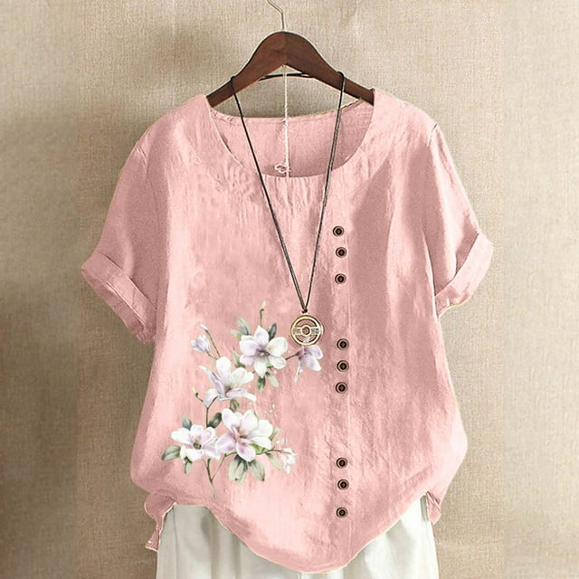 Fankiway Chemise Décontractée d'Été pour Femmes, Col Rond, Manches Courtes, Imprimé Floral, Ample, Grande Taille, Vêtements de Printemps 2024