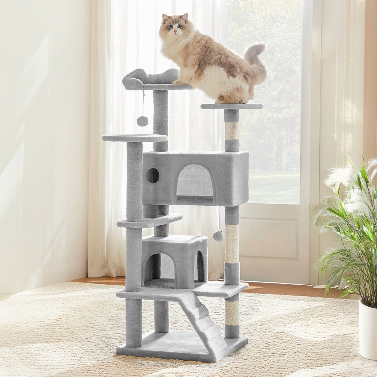 JIOABL 54-Inch Cat Tree Tower - Multi-Level Cat Tower with Large Condo, Natural Sisal Scratching Post, Climbing Ladder, Light Grey