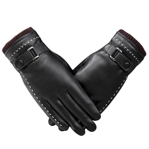 Leather Gloves Ladies Autumn And Winter Plus Velvet Padded Warm Fashion Parchment Leather U Touch Screen Gloves Hand Repair Driving Black L