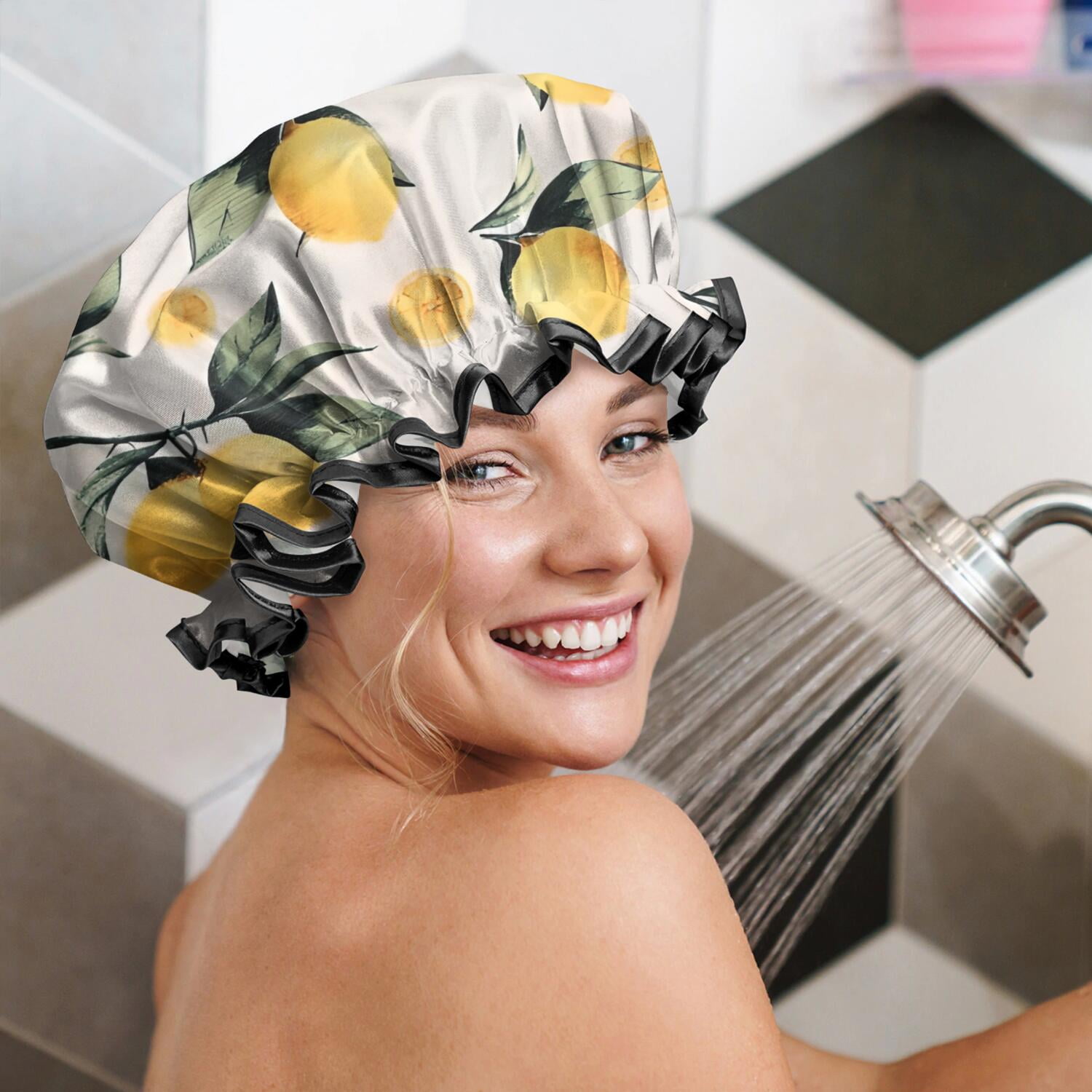 Shower Caps,Yellow Lemon Fruits White Pattern Waterproof Shower Cap for Women 4 Pieces,Double Reusable Hair Cover for Shower PEVA Elastic Stretch Hem