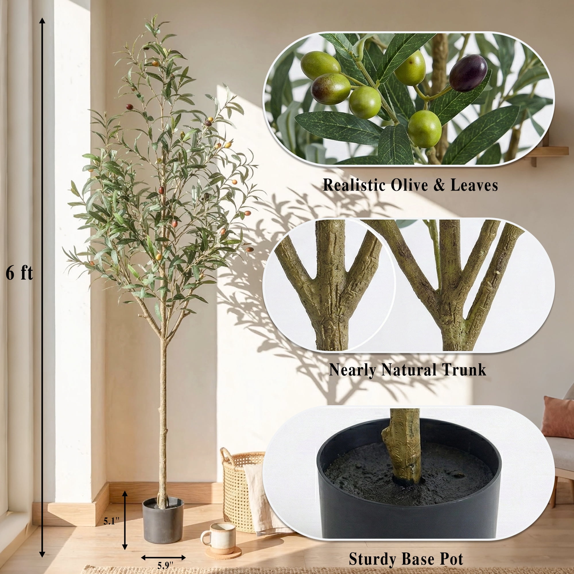 Verdelure 6FT Artificial Olive Tree with Lifelike Fruits Fake Olive Plant Potted Indoor Faux Floor Plant for Home Office Decor