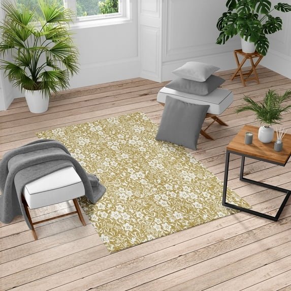 Botanic Turkish Area Rug, Floral Pattern Spring Season Blossoms Branches Leaf Beauty Field Design, Soft Carpet for Living Room Decor with Distressed Look, 5.2' X 7.6', Dark Mustard, by Ambesonne
