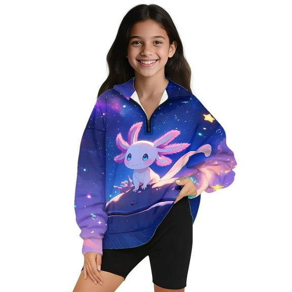 Uorisanigo Kids Girls Sweatshirt Casual Long Sleeve Zipper Sweatshirt Oversized Purple Starry Axolotl Pullover Tops Teen Girl School Athletic Tops Fall Fashion Outfits Clothes