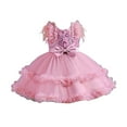 thumbnail image 1 of adviicd Robe pour Tout-Petit Fille Robe d'Été Manches Courtes Épaules Dénudées Couleur Unie Évasée Robes Décontractées Rose Vif,90, 1 of 5