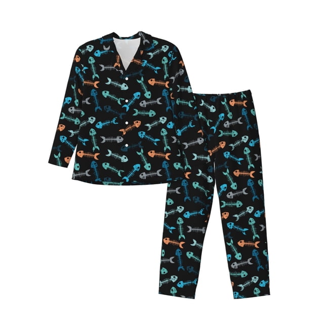 Fotbe Little Fish Skeleton Pijama de Hombre con Estampado de Manga Larga, Conjunto de 2 Piezas, Ropa de Dormir Suave y Cómoda con Bolsillos-Small