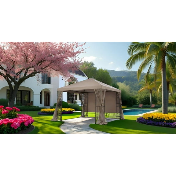 APEX GARDEN Symphony III 10' x 10' Single-Tier Steel Gazebo with Mosquito Net, Privacy Screen and Planter Holders