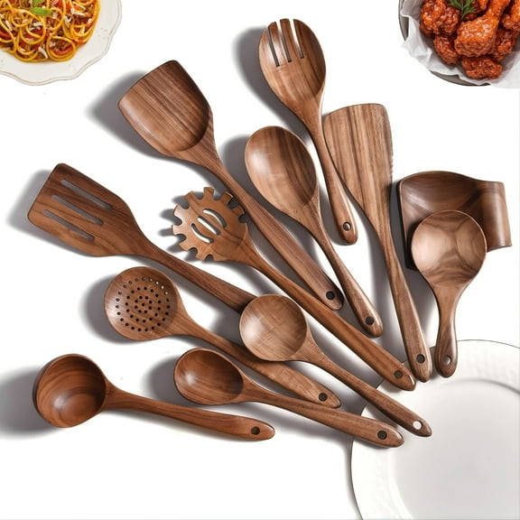 SUGIFT 13-Piece Wooden Cooking Utensils Brown, Kitchen Utensil Set with Holder, Spoon Rest, and Hanging Hooks