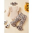 thumbnail image 3 of Infant Baby Girls Autumn Jumpsuit Set Solid Ribbed Long Sleeve Romper Print Flare Pants Bow Headband, 3 of 8