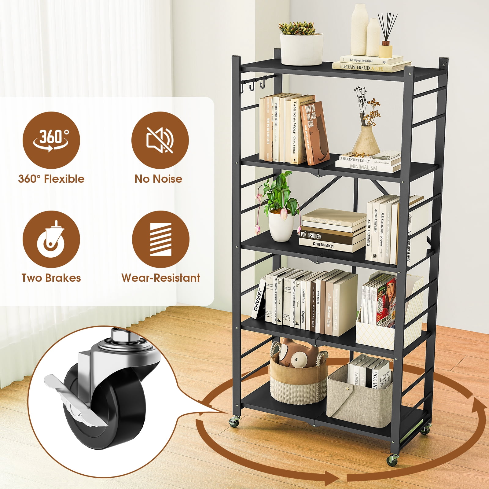 Fenbeli Storage Shelves,5-Tier Foldable Metal Wire Storage Shelf with Wheels, Heavy Duty Organizer Rack for Garage, Kitchen, Closet, Black