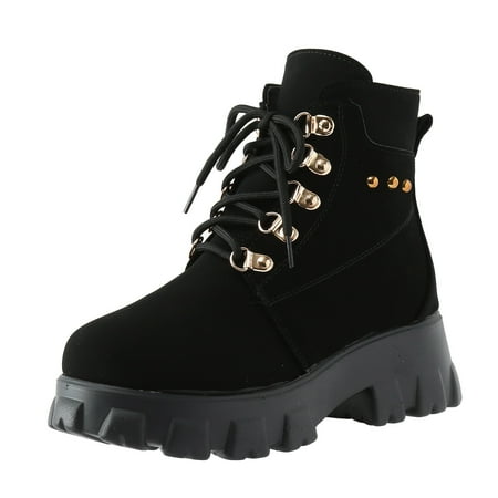 

Fashion Female Warm Boots Ladies Fashion Solid Color Leather Casual Biker Boots Lace Up Platform Booties