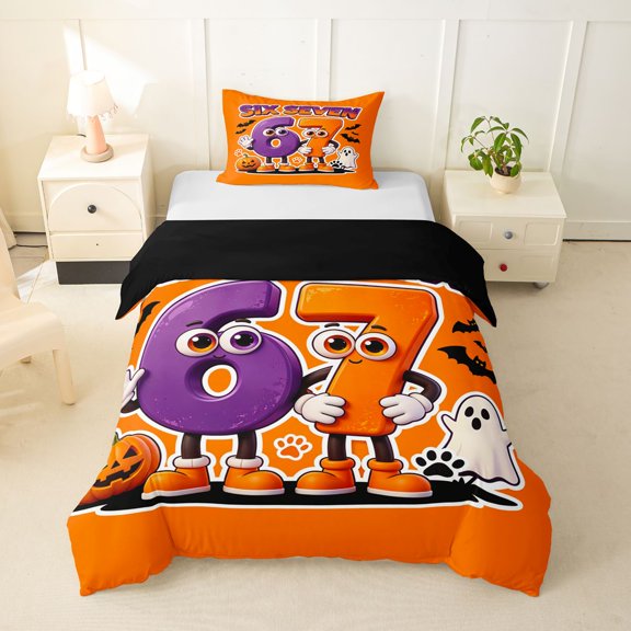 Homewish Fun Cartoon 67 Number Twin Duvet Cover for Kids, Orange Vintage Ghost Pumpkin Twin Bedding, Black Reversible, 2-Piece, 1 Duvet Cover and 1 Pillowcase