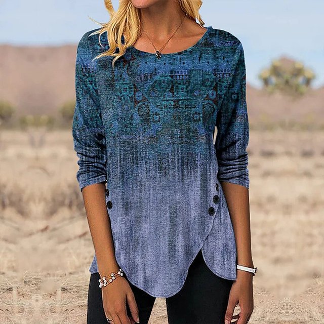 Pntutb Grande Taille Liquidation! Mode Femme Rétro Bouton Dégradé Imprimé Col Rond T-Shirt Manches 3/4