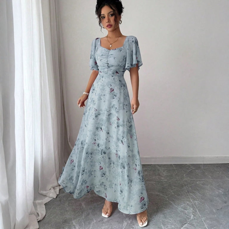 Women's Summer Maxi Dress Casual Chiffon Floral Short Sleeve V Neck A-Line Flowy Dresses Beach Wedding Guest Dress Navy XL