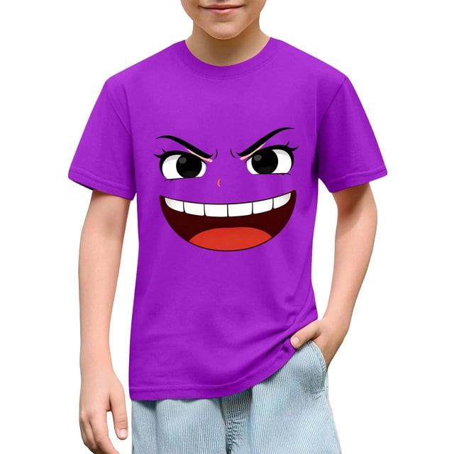 Blusas y camisas de manga corta con cuello redondo para niños y niñas, color liso, con estampado de expresión linda, manga corta, holgadas y cómodas, blusa para niña