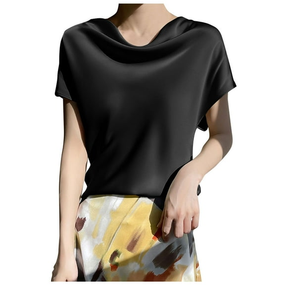 OSOLU Solid Color Elegant Ice Silk Heap Shirt Women Short Sleeve Tops New Silk Silk T-Shirt Tee Tops Trendy Dailywear