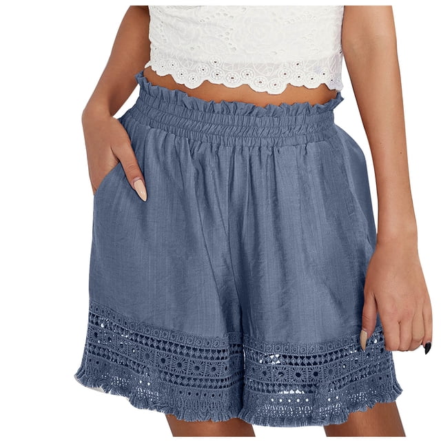 Birdeem Womens New Pants Solid Color Large Size Loose Lace Splicing Wide Leg Pants Hollow Short