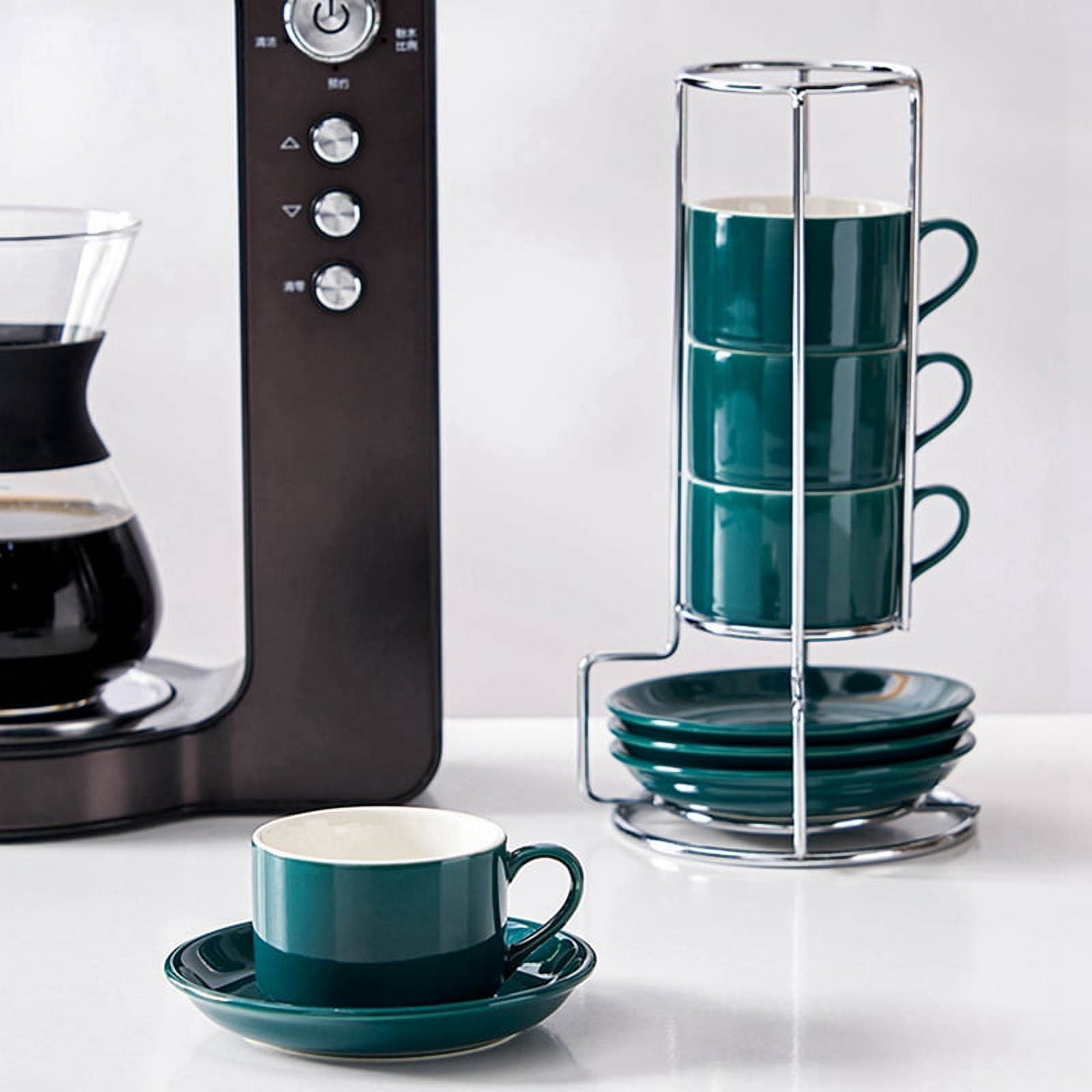 Porcelain Stackable Cappuccino Cups with Saucers and Metal Stand, Espresso Cups for Latte Coffee Cafe,Specialty Coffee E