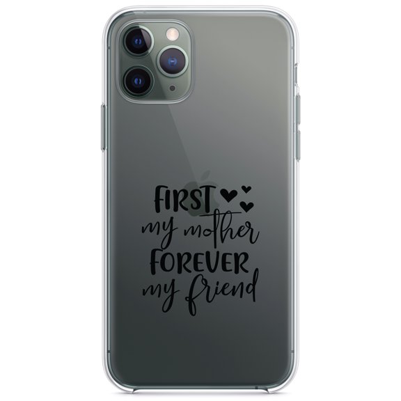 DistinctInk Clear Shockproof Hybrid Case for iPhone 13 PRO (6.1" Screen) - TPU Bumper Acrylic Back Tempered Glass Screen Protector - First My Mother, Forever My Friend - Hearts