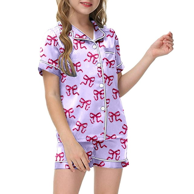 Children Boy Satin Pajamas Set Graphic Print Button Down Tops Set Pjs Sleepwear Outfits Pjs for Girls Size 8-10 Years