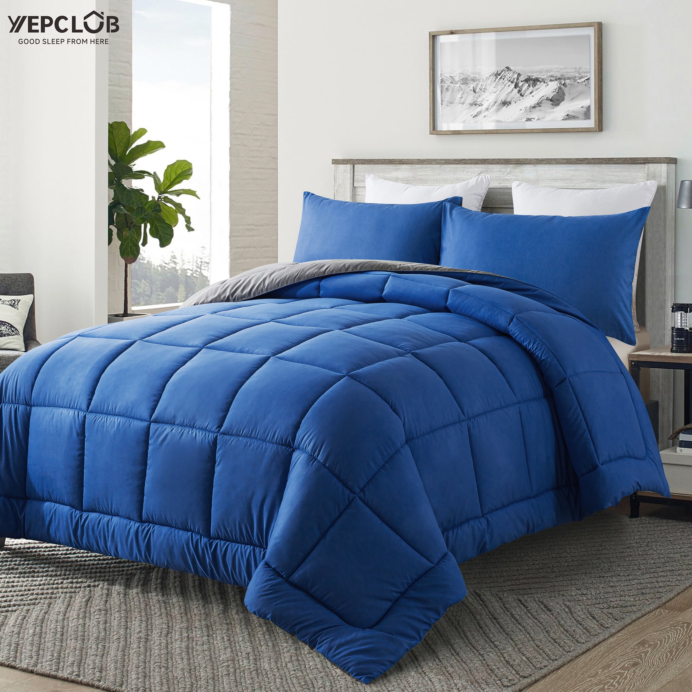 YEPCLUB 3-Piece King Size Comforter Set, Blue and Gray Down Alternative Reversible Bedding Set, All-Season Quilted Soft Comforter with Pillowcases