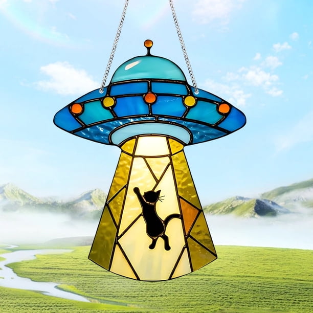 Xihbxyly Colgante de Nave Espacial Azul, Diseño de Disco Acrílico 2D, Divertido Adorno para Ventana, Decoración Única para Porche, para Uso En Interiores y Exteriores, Regalo Divertido para Amantes D