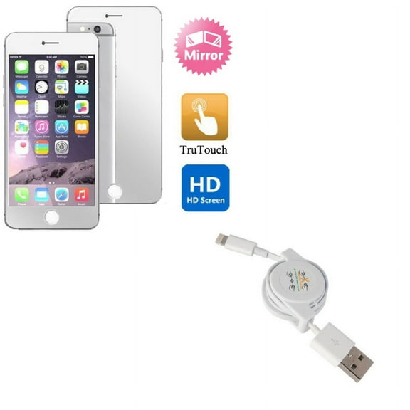 iPhone 8/7/6S/6 - Mirror Screen Protector w Retractable USB Cable - Film Display Cover, Charger Power Cord Sync Wire for iPhone 8/7/6S/6