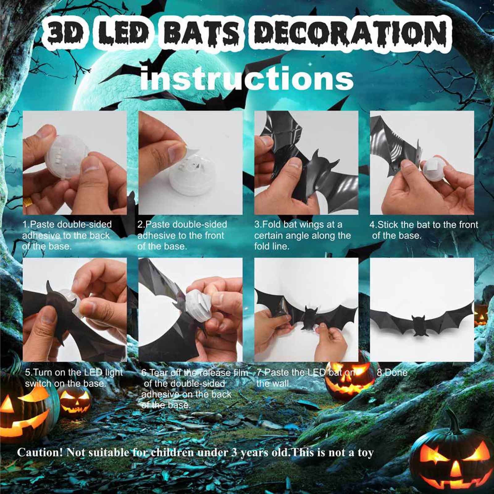 Pompotops Halloween Decorations Three-dimensional Halloween LED Night Light Bats Holiday Party Window Display Garage Decoration PVC Flash Wall Stickers 12/24/48/60pcs