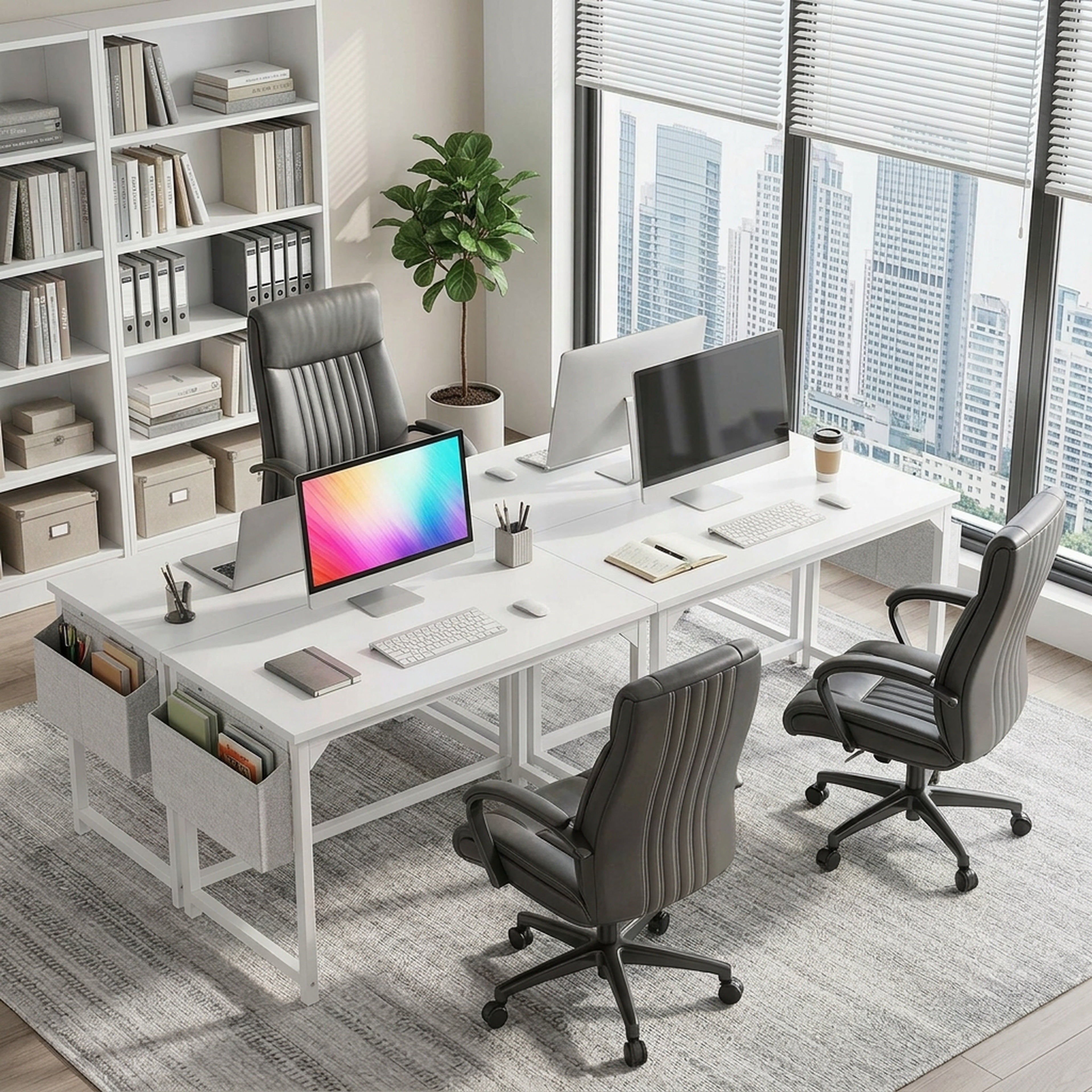 edx 63" Home Office Desk, Computer Desk with Storage Bag & Hook, Waterproof Top & Metal Frame, Modern Simple Study Writing Table for Bedroom, White