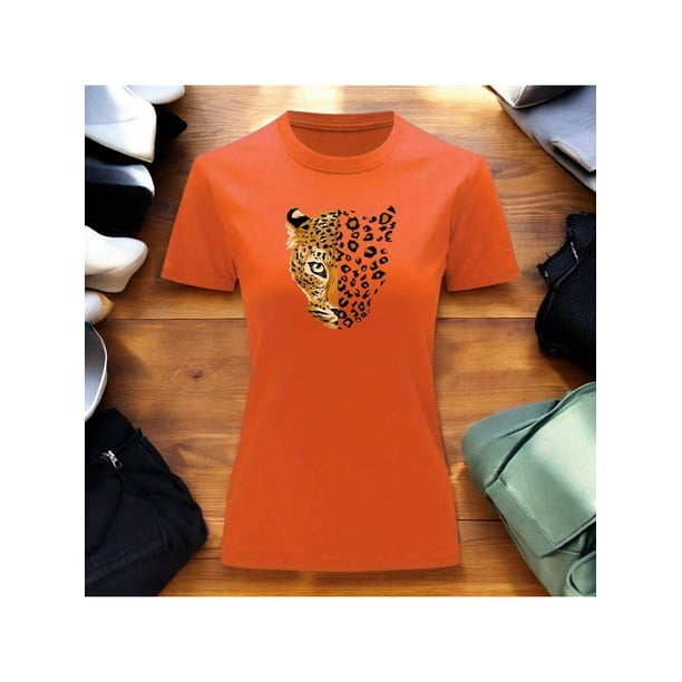 Playera Blusa Con Estampado De Jaguar Animal Print Ropa Para Mujer Color Anaranjado Talla Grande Marca Emil SaEs
