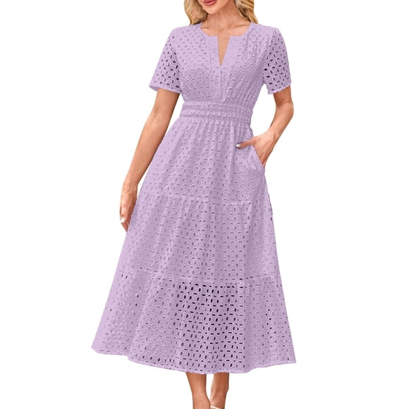 Daiosportswear Womens Summer Maxi Dress Short Sleeve V Neck Hollow Out Eyelet A Line Long Flowy Beach Vacation Dresses, Short-Sleeved Dress for Women Purple L(L)