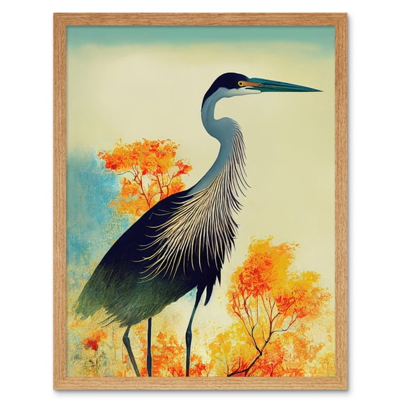 Elegant Heron Bird Portrait In An Autumn Forest Landscape Art Print Framed Poster Wall Decor 12x16 inch