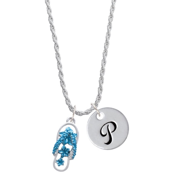 Delight Jewelry Silvertone Blue Open Plumeria Flower Flip Flop Silvertone Script Initial Disc - P - Charm Necklace, 20"+3"