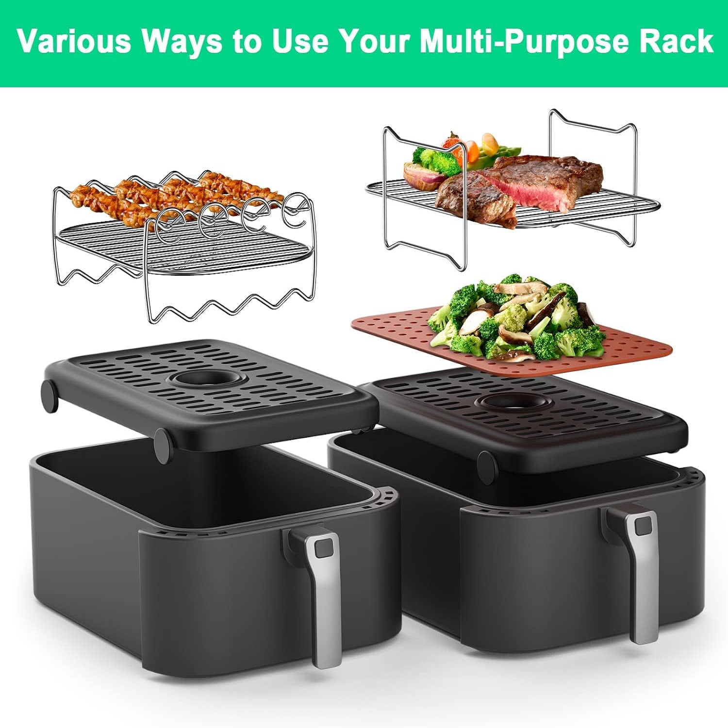Air Fryer Accessories-Air Fryer Rack Set of 2, Stainless Steel  Multi-purpose Double Layer Rack with Skewer, Multi-Purpose Rack Compatible  with Air Fryers Bigger for 3.7-4.2 Quarts-with 4 Skewers 