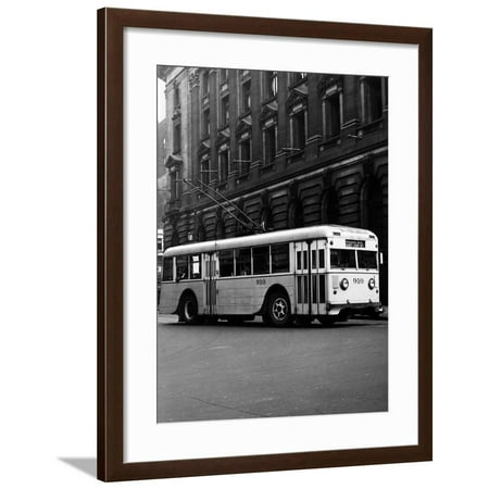 Jet Electric Trolley 1930s-1940s Public Transportation Trackless Trolley Electric Bus About to Round Street Corner Framed Print Wall Art ()