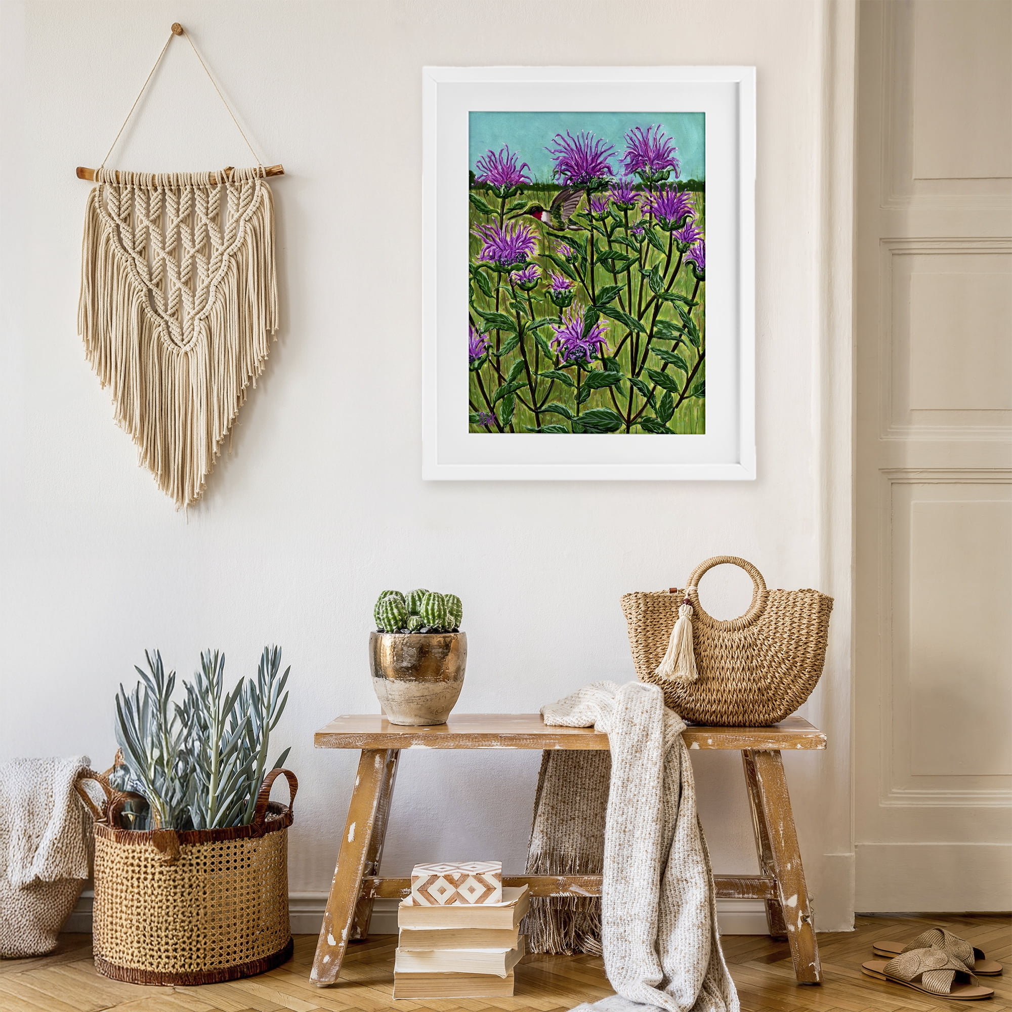 Stupell Industries Ruby Throated Hummingbird & Beebalm White Framed Print Under Glass, design by Sarah Waldron Kimball