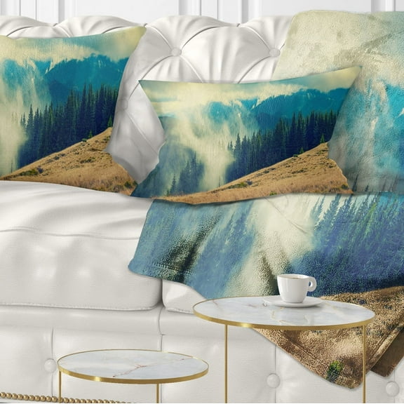 Designart Blue Forest in Fog - Landscape Photography Throw Pillow - 12x20
