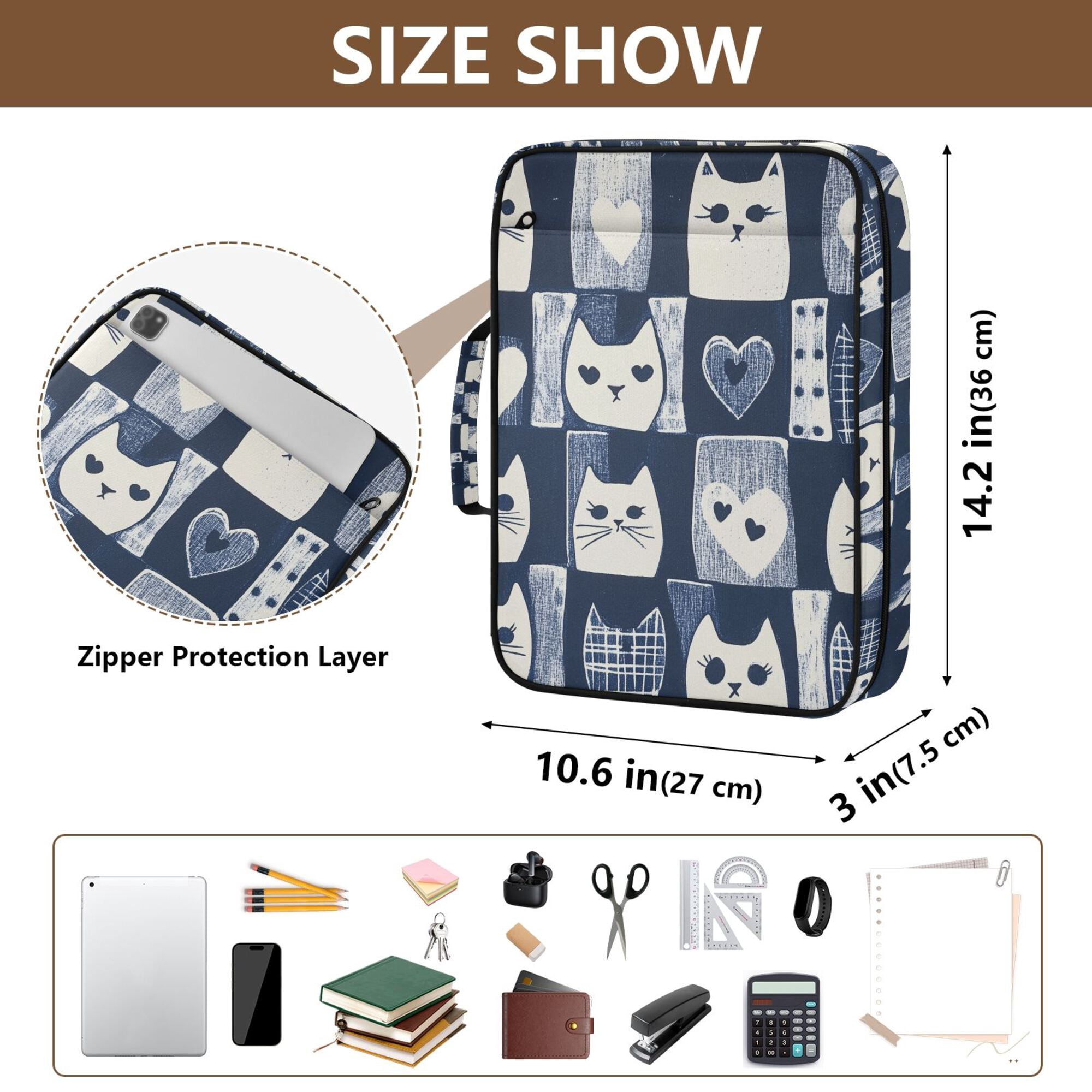 FORMRS Accordion File Folder A4 Size 7-Pocket Expanding Document Organizer Bag with 3 Ring Binder, Blue Cats and Hearts