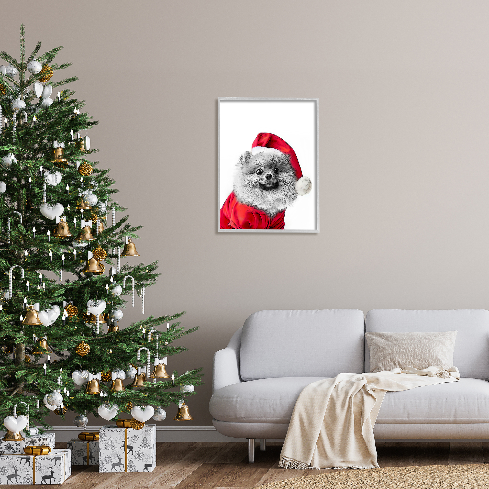 Stupell Industries Pomeranian in Santa Hat Holiday Painting Gray Framed Art Print Wall Art, 24 x 30