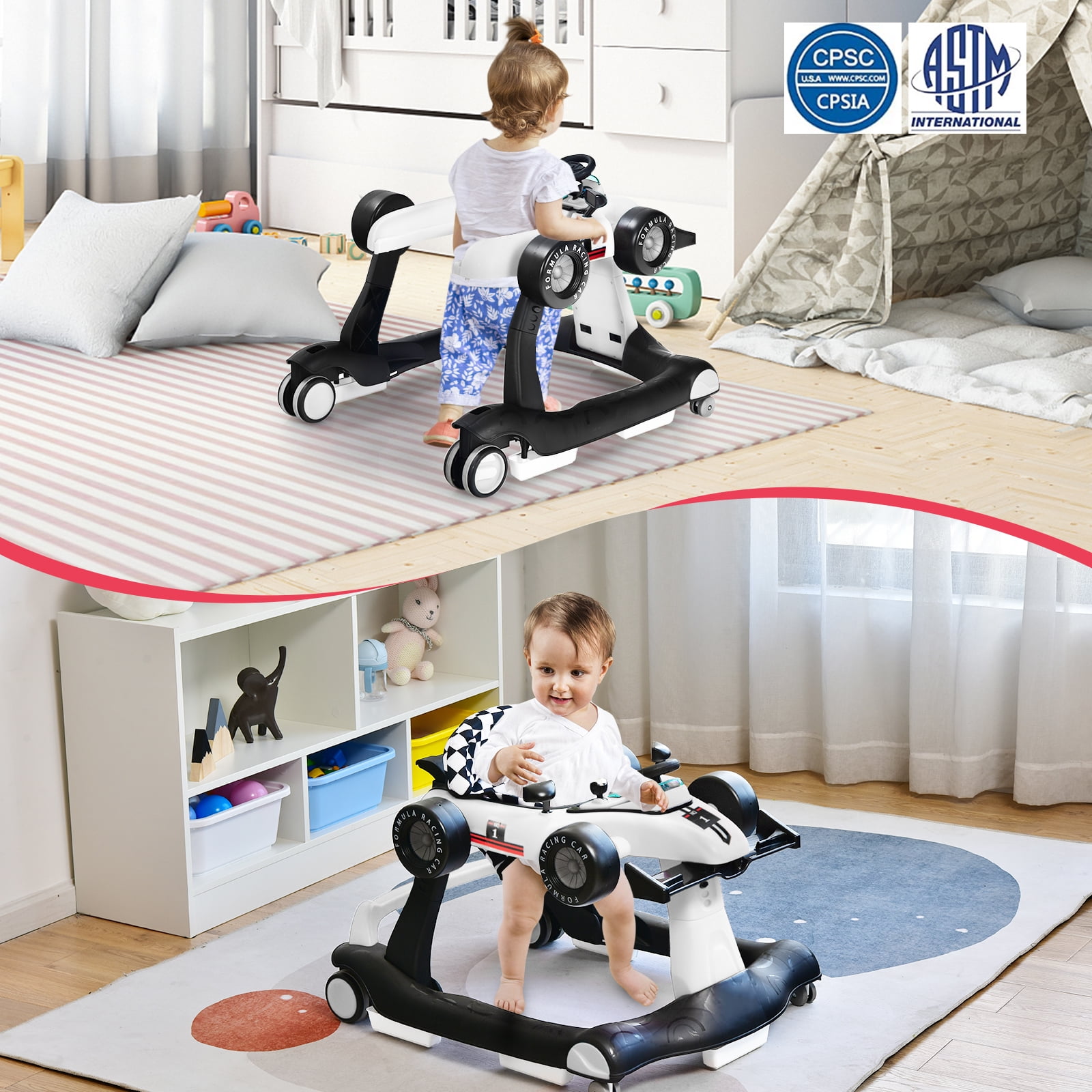 Infans 4-in-1 Baby Walker Foldable Activity Push Walker Adjustable White