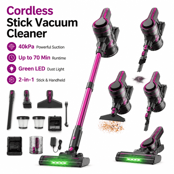 Eclaron Self-Standing 2-in-1 Cordless Vacuum Cleaner, 40kPa Suction, 70 Min Runtime, Green LED Light for Pet Hair & Hard Floors