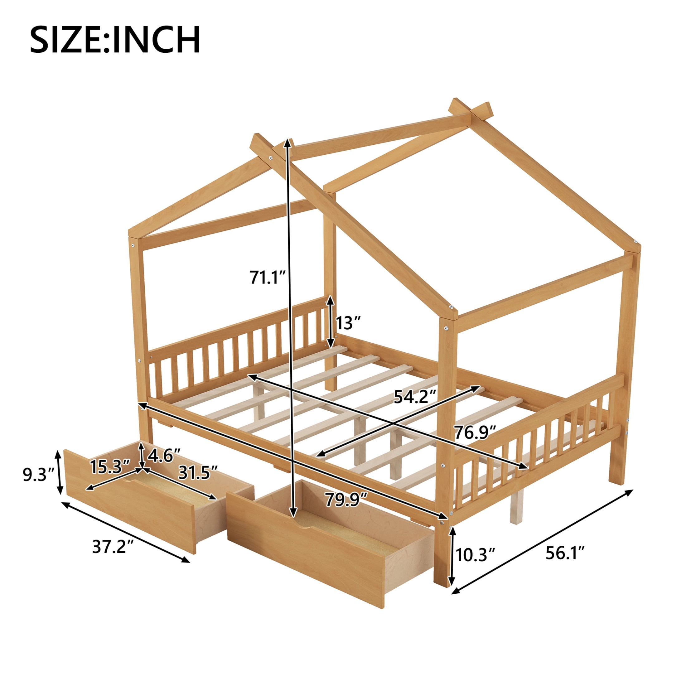 Noble House Clavell Full Size House Bed with 2 Storage Drawers, Headboard and Footboard, Playful Roof Design, Natural