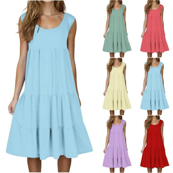 Ahuyic Summer Plus Size Dress For Women, Womens Sleeveless Crew Neck Casual Dress, Womens Summer Round Neck Print Sleeveless Beach Dress