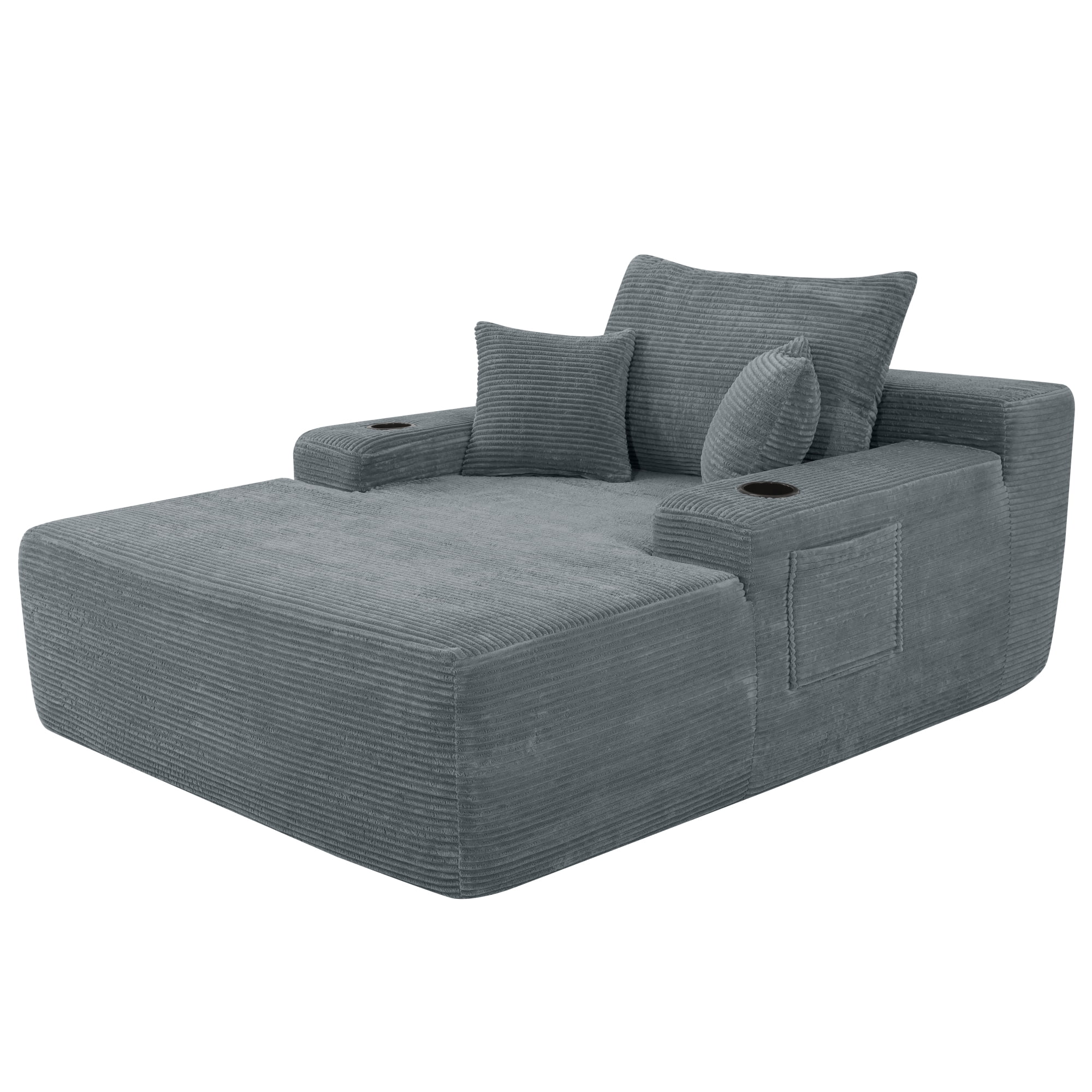 Leumius Boneless Couch, Lounge Chair corduroy with Wide Armrest & Throw Pillows, Cozy Boneless Sleeper Sofa Bed Armchair with Cup Holder for Living Room, Bedroom, No Assembly Required,Grey