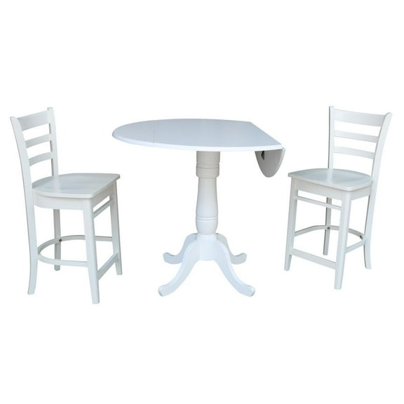 International Concepts 42"H Wood Round Top Pedestal Gathering Height Drop Leaf Table with 2 Counter Height Stools - White -Seats 2