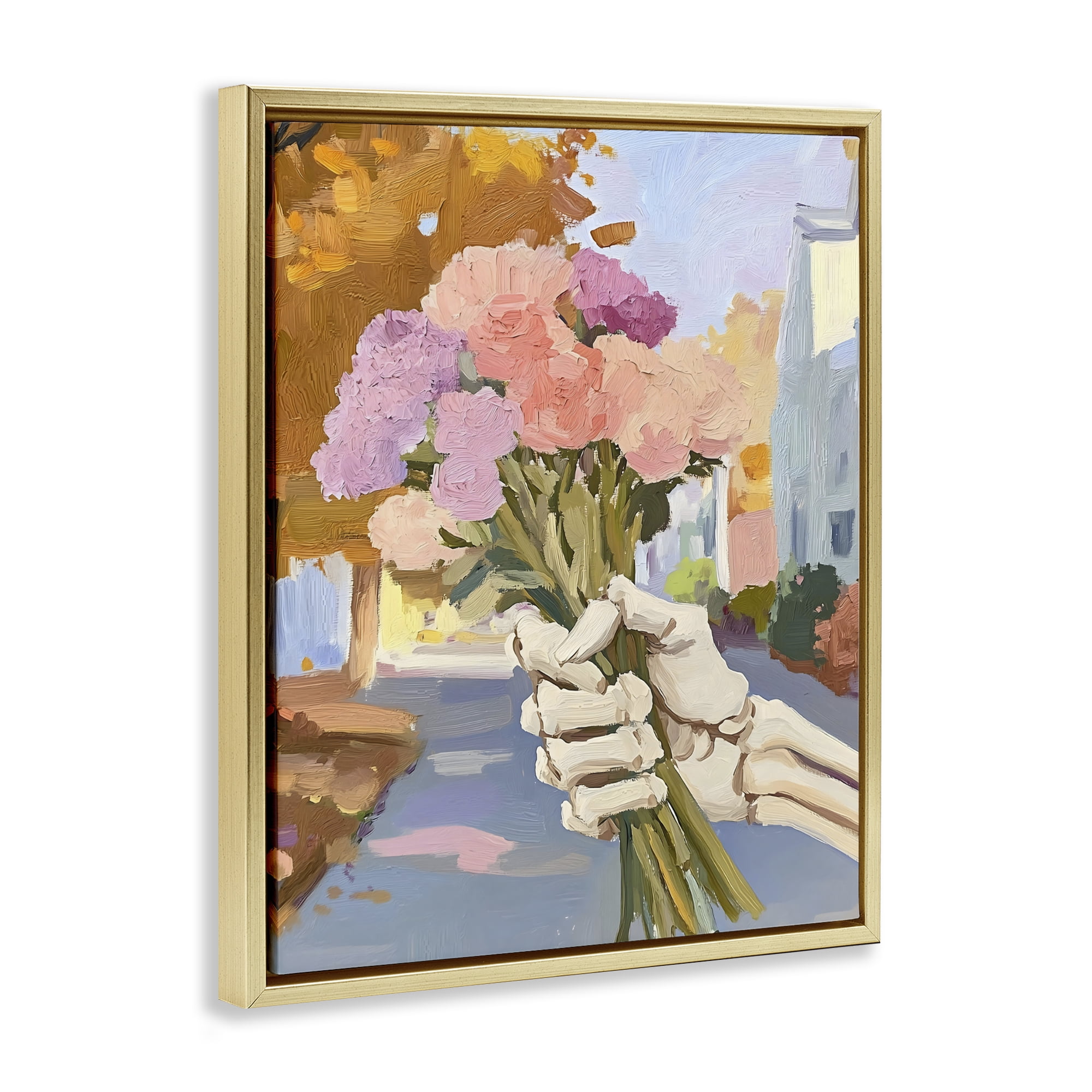 Stupell Industries Skeleton Hand Holding Flowers Gold Framed Floater Canvas Wall Art, design by The Prints Vibe