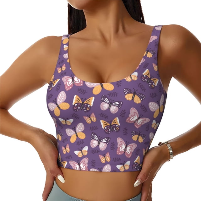 Balery Butterflies And Floral Pattern Racerback Sports Bras for Women - Padded Seamless High Impact Support for Yoga Gym Workout Fitness-Large