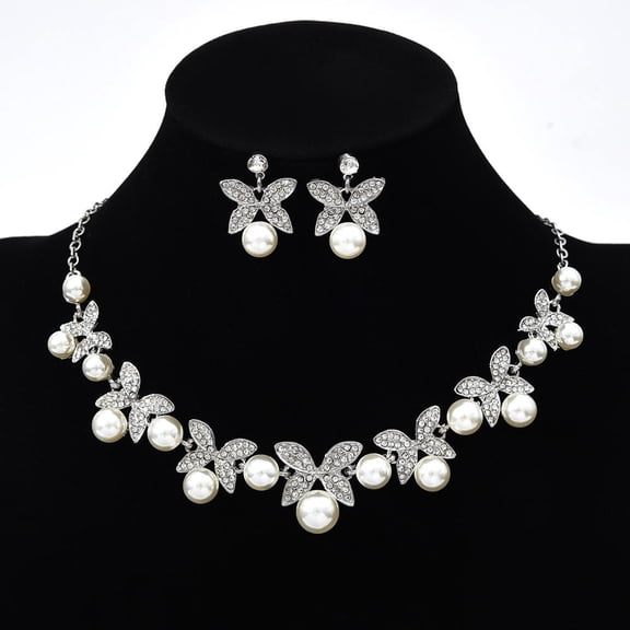 New Exquisite Women Jewelry Sets Butterfly Pearl Pendant Necklace Earring Studded Wedding Party Gift Neckchain Accessories