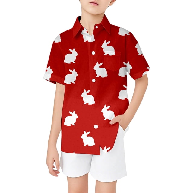 GDREDA Easter Bunny Print Boys Short Sleeve Button Down Shirt With Stand Collar And Chest Pocket For Holiday Red,3-4 Years