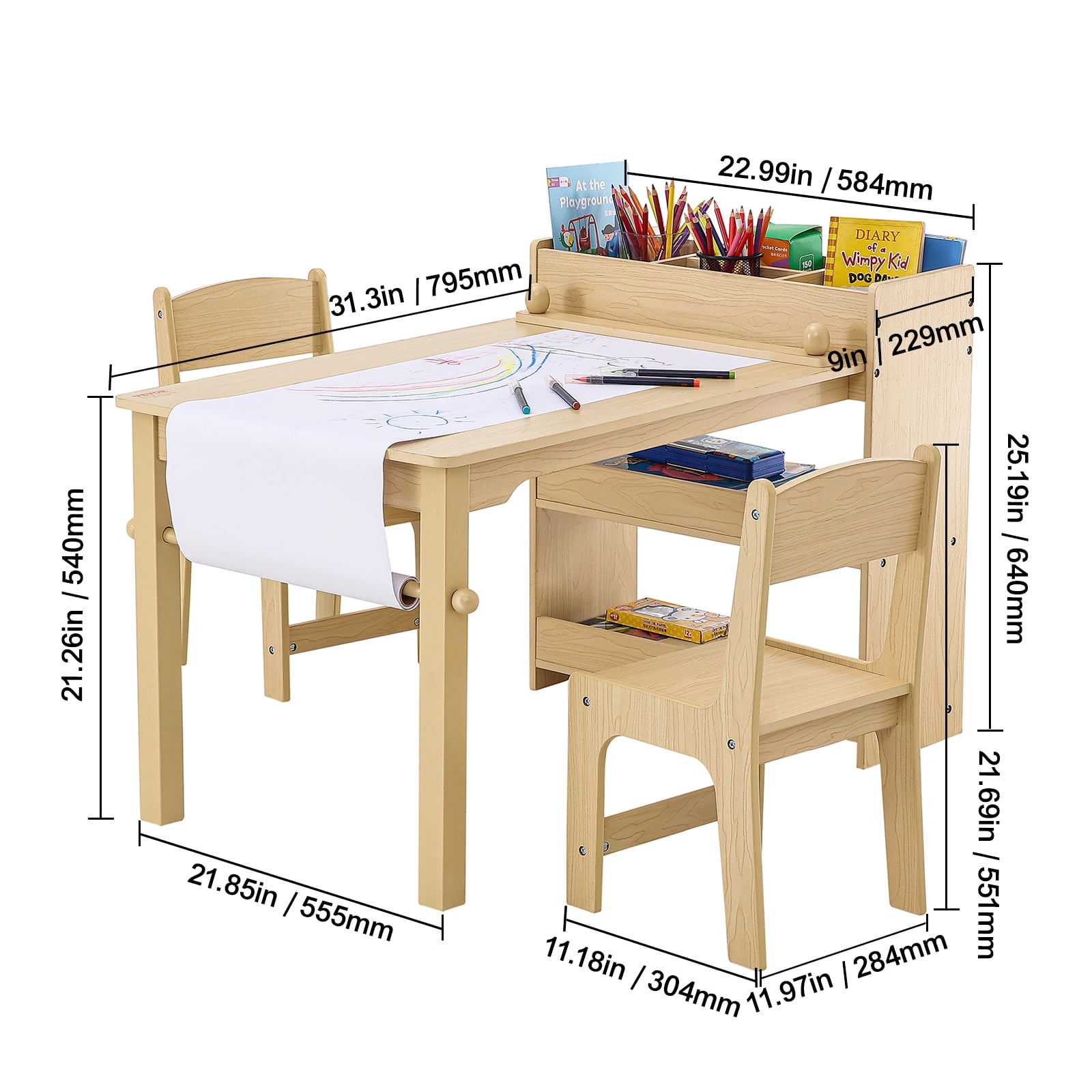 VEVOR Kids Art Table and 2 Chairs, 2-in-1 Toddler Craft and Play Activity Table, Wood Toddler Table and Chair Set with A Cabinet for Art, Craft, Reading, Learning