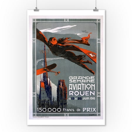 - Grande Semaine d'Aviation - Rouen Vintage Poster (artist: Villa) France c. 1910 (9x12 Art Print, Wall Decor Travel Poster)